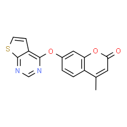ChemSpider 2D Image | 4-Methyl-7-(thieno[2,3-d]pyrimidin-4-yloxy)-2H-chromen-2-one | C16H10N2O3S
