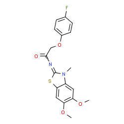 ChemSpider 2D Image | N-(5,6-Dimethoxy-3-methyl-1,3-benzothiazol-2(3H)-ylidene)-2-(4-fluorophenoxy)acetamide | C18H17FN2O4S