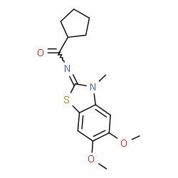 ChemSpider 2D Image | N-(5,6-Dimethoxy-3-methyl-1,3-benzothiazol-2(3H)-ylidene)cyclopentanecarboxamide | C16H20N2O3S