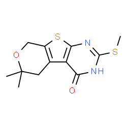 ChemSpider 2D Image | 6,6-Dimethyl-2-(methylsulfanyl)-3,5,6,8-tetrahydro-4H-pyrano[4',3':4,5]thieno[2,3-d]pyrimidin-4-one | C12H14N2O2S2
