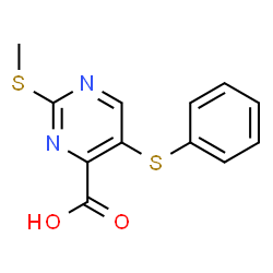 ChemSpider 2D Image | 4-Pyrimidinecarboxylicacid, 2-(methylthio)-5-(phenylthio)- | C12H10N2O2S2