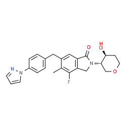 ChemSpider 2D Image | 1,5-Anhydro-2,4-dideoxy-2-{4-fluoro-5-methyl-1-oxo-6-[4-(1H-pyrazol-1-yl)benzyl]-1,3-dihydro-2H-isoindol-2-yl}-L-threo-pentitol | C24H24FN3O3