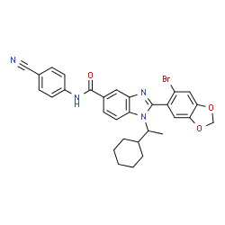 ChemSpider 2D Image | 2-(6-Bromo-1,3-benzodioxol-5-yl)-N-(4-cyanophenyl)-1-(1-cyclohexylethyl)-1H-benzimidazole-5-carboxamide | C30H27BrN4O3