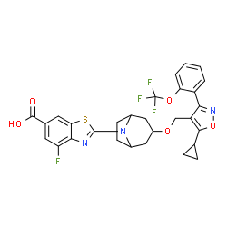 ChemSpider 2D Image | 2-[3-({5-Cyclopropyl-3-[2-(trifluoromethoxy)phenyl]-1,2-oxazol-4-yl}methoxy)-8-azabicyclo[3.2.1]oct-8-yl]-4-fluoro-1,3-benzothiazole-6-carboxylic acid | C29H25F4N3O5S
