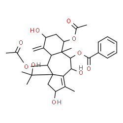 ChemSpider 2D Image | 4,8-Diacetoxy-2,6,10-trihydroxy-3a-(2-hydroxy-2-propanyl)-1,8a-dimethyl-5-methylene-2,3,3a,4,4a,5,6,7,8,8a,9,10-dodecahydrobenzo[f]azulen-9-yl benzoate | C31H40O10