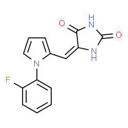 ChemSpider 2D Image | (5E)-5-{[1-(2-Fluorophenyl)-1H-pyrrol-2-yl]methylene}-2,4-imidazolidinedione | C14H10FN3O2