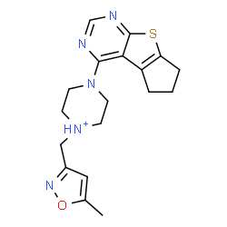 ChemSpider 2D Image | 4-(6,7-Dihydro-5H-cyclopenta[4,5]thieno[2,3-d]pyrimidin-4-yl)-1-[(5-methyl-1,2-oxazol-3-yl)methyl]piperazin-1-ium | C18H22N5OS