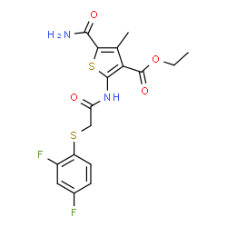 ChemSpider 2D Image | Ethyl 5-carbamoyl-2-({[(2,4-difluorophenyl)sulfanyl]acetyl}amino)-4-methyl-3-thiophenecarboxylate | C17H16F2N2O4S2