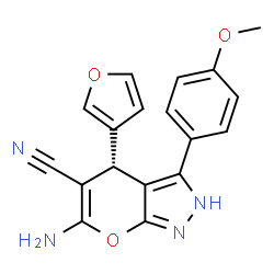 ChemSpider 2D Image | (4S)-6-Amino-4-(3-furyl)-3-(4-methoxyphenyl)-2,4-dihydropyrano[2,3-c]pyrazole-5-carbonitrile | C18H14N4O3