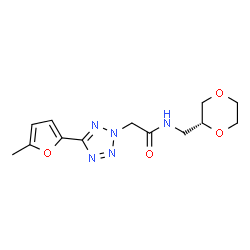ChemSpider 2D Image | N-[(2R)-1,4-Dioxan-2-ylmethyl]-2-[5-(5-methyl-2-furyl)-2H-tetrazol-2-yl]acetamide | C13H17N5O4