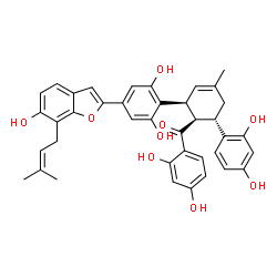 ChemSpider 2D Image | [(1R,2S,6S)-2-{2,6-Dihydroxy-4-[6-hydroxy-7-(3-methyl-2-buten-1-yl)-1-benzofuran-2-yl]phenyl}-6-(2,4-dihydroxyphenyl)-4-methyl-3-cyclohexen-1-yl](2,4-dihydroxyphenyl)methanone | C39H36O9