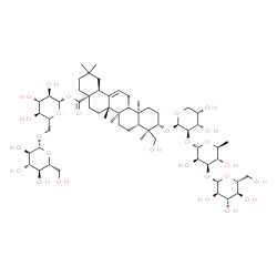 ChemSpider 2D Image | 6-O-beta-D-Glucopyranosyl-1-O-[(3beta)-3-{[beta-D-glucopyranosyl-(1->3)-6-deoxy-alpha-L-mannopyranosyl-(1->2)-beta-L-arabinopyranosyl]oxy}-23-hydroxy-28-oxoolean-12-en-28-yl]-beta-D-glucopyranose | C59H96O27