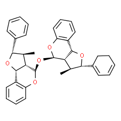 ChemSpider 2D Image | (2S,3S,3aS,4R,9bR)-2-(1,3-Cyclohexadien-1-yl)-3-methyl-4-{[(2S,3S,3aS,4R,9bR)-3-methyl-2-phenyl-2,3,3a,9b-tetrahydro-4H-furo[3,2-c]chromen-4-yl]oxy}-2,3,3a,9b-tetrahydro-4H-furo[3,2-c]chromene | C36H36O5