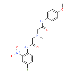ChemSpider 2D Image | 2-[{2-[(4-Fluoro-2-nitrophenyl)amino]-2-oxoethyl}(methyl)amino]-N-(4-methoxyphenyl)acetamide | C18H19FN4O5