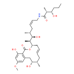 ChemSpider 2D Image | (2R,3S)-N-{(2Z,5R,6R,7S)-7-[(3S,5E,8S,9R)-9,14-Dihydroxy-12-methoxy-8-methyl-1-oxo-3,4,7,8,9,10-hexahydro-1H-2-benzoxacyclododecin-3-yl]-6-hydroxy-5-methyl-2-octen-1-yl}-3-hydroxy-2-methylhexanamide | C33H51NO8