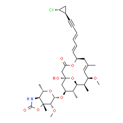 ChemSpider 2D Image | (3aS,4S,6S,7R,7aR)-6-{[(1S,5R,7E,9R,10R,11R,12R,13S)-5-{(1E,3E)-6-[(1S,2R)-2-Chlorocyclopropyl]-1,3-hexadien-5-yn-1-yl}-1-hydroxy-9-methoxy-7,10,12-trimethyl-3-oxo-4,15-dioxabicyclo[9.3.1]pentadec-7-e
n-13-yl]oxy}-7-methoxy-4,7a-dimethyltetrahydro-4H-pyrano[3,4-d][1,3]oxazol-2(3H)-one | C35H48ClNO10
