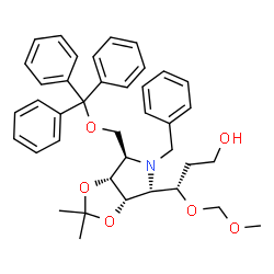 ChemSpider 2D Image | (3S)-3-{(3aS,4R,6R,6aR)-5-Benzyl-2,2-dimethyl-6-[(trityloxy)methyl]tetrahydro-3aH-[1,3]dioxolo[4,5-c]pyrrol-4-yl}-3-(methoxymethoxy)-1-propanol | C39H45NO6