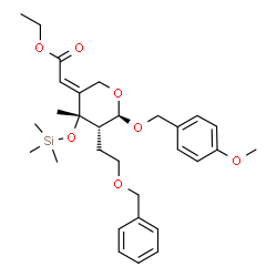 ChemSpider 2D Image | 4-Methoxybenzyl 2-[2-(benzyloxy)ethyl]-2,4-dideoxy-4-(2-ethoxy-2-oxoethylidene)-3-C-methyl-3-O-(trimethylsilyl)-beta-D-erythro-pentopyranoside | C30H42O7Si