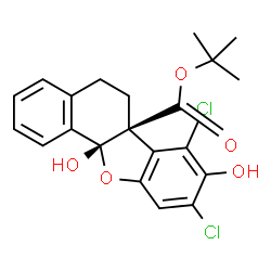ChemSpider 2D Image | 2-Methyl-2-propanyl (6aS,11aR)-7,9-dichloro-8,11a-dihydroxy-5,11a-dihydrobenzo[b]naphtho[2,1-d]furan-6a(6H)-carboxylate | C21H20Cl2O5