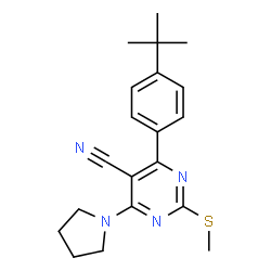ChemSpider 2D Image | 4-(4-tert-Butylphenyl)-2-(methylsulfanyl)-6-(pyrrolidin-1-yl)pyrimidine-5-carbonitrile | C20H24N4S