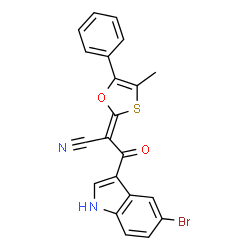 ChemSpider 2D Image | (2Z)-3-(5-Bromo-1H-indol-3-yl)-2-(4-methyl-5-phenyl-1,3-oxathiol-2-ylidene)-3-oxopropanenitrile | C21H13BrN2O2S
