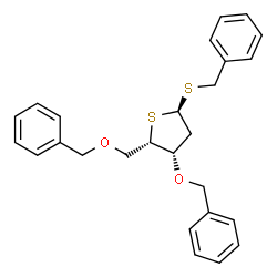 ChemSpider 2D Image | Benzyl 3,5-di-O-benzyl-2-deoxy-1,4-dithio-alpha-L-threo-pentofuranoside | C26H28O2S2