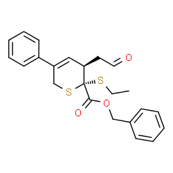 ChemSpider 2D Image | Benzyl (2S,3R)-2-(ethylsulfanyl)-3-(2-oxoethyl)-5-phenyl-3,6-dihydro-2H-thiopyran-2-carboxylate | C23H24O3S2