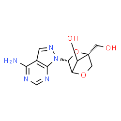 ChemSpider 2D Image | 1-[2,5-Anhydro-4-(hydroxymethyl)-alpha-L-glycero-pentofuranosyl]-1H-pyrazolo[3,4-d]pyrimidin-4-amine | C11H13N5O4
