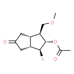 ChemSpider 2D Image | (1S,2S,3S,3aR,6aR)-1-Iodo-3-(methoxymethyl)-5-oxooctahydro-2-pentalenyl acetate | C12H17IO4
