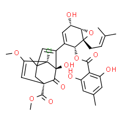 ChemSpider 2D Image | Methyl (1S,3S,7S)-7-chloro-4-[(1R,2R,5S,6S)-2-[(2,6-dihydroxy-4-methylbenzoyl)oxy]-5-hydroxy-1-(3-methyl-2-buten-1-yl)-7-oxabicyclo[4.1.0]hept-3-en-3-yl]-3-hydroxy-8-methoxy-6-methyl-2-oxotricyclo[4.3
.1.0~3,7~]deca-4,8-diene-1-carboxylate | C33H35ClO11