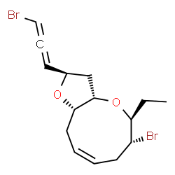 ChemSpider 2D Image | (2R,3aS,5S,6R,8Z,10aS)-6-Bromo-2-(3-bromopropadienyl)-5-ethyl-2,3,3a,5,6,7,10,10a-octahydrofuro[3,2-b]oxonine | C15H20Br2O2