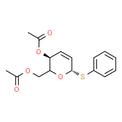ChemSpider 2D Image | Phenyl (5xi)-4,6-di-O-acetyl-2,3-dideoxy-1-thio-beta-D-glycero-hex-2-enopyranoside | C16H18O5S