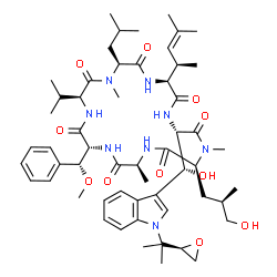 ChemSpider 2D Image | (3S,6S,9S,12S,15R,18S,21S)-21-[(2R)-3-Hydroxy-2-methylpropyl]-3-[(R)-hydroxy(1-{2-[(2R)-2-oxiranyl]-2-propanyl}-1H-indol-3-yl)methyl]-9-isobutyl-12-isopropyl-15-[(R)-methoxy(phenyl)methyl]-1,10,18-tri
methyl-6-[(2R)-4-methyl-3-penten-2-yl]-1,4,7,10,13,16,19-heptaazacyclohenicosane-2,5,8,11,14,17,20-heptone | C56H82N8O11