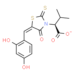 ChemSpider 2D Image | (2S)-2-[(5E)-5-(2,4-Dihydroxybenzylidene)-4-oxo-2-thioxo-1,3-thiazolidin-3-yl]-3-methylbutanoate | C15H14NO5S2
