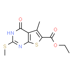 ChemSpider 2D Image | Ethyl 5-methyl-2-(methylsulfanyl)-4-oxo-3,4-dihydrothieno[2,3-d]pyrimidine-6-carboxylate | C11H12N2O3S2