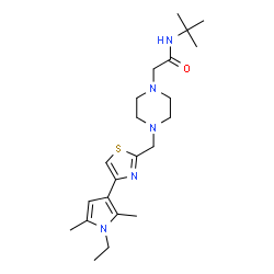 ChemSpider 2D Image | 2-(4-{[4-(1-Ethyl-2,5-dimethyl-1H-pyrrol-3-yl)-1,3-thiazol-2-yl]methyl}-1-piperazinyl)-N-(2-methyl-2-propanyl)acetamide | C22H35N5OS