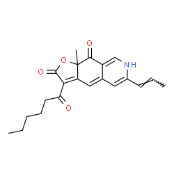 ChemSpider 2D Image | 3-Hexanoyl-9a-methyl-6-[(1E)-1-propen-1-yl]furo[3,2-g]isoquinoline-2,9(7H,9aH)-dione | C21H23NO4