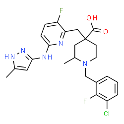 ChemSpider 2D Image | 1-(3-Chloro-2-fluorobenzyl)-4-({3-fluoro-6-[(5-methyl-1H-pyrazol-3-yl)amino]-2-pyridinyl}methyl)-2-methyl-4-piperidinecarboxylic acid | C24H26ClF2N5O2