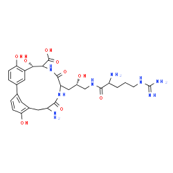 ChemSpider 2D Image | (7S)-14-Amino-11-[(2S)-3-(arginylamino)-2-hydroxypropyl]-5,7,17-trihydroxy-10,13-dioxo-9,12-diazatricyclo[14.3.1.1~2,6~]henicosa-1(20),2(21),3,5,16,18-hexaene-8-carboxylic acid | C29H40N8O9