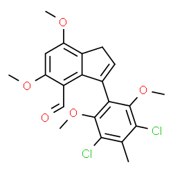 ChemSpider 2D Image | 3-(3,5-Dichloro-2,6-dimethoxy-4-methylphenyl)-5,7-dimethoxy-1H-indene-4-carbaldehyde | C21H20Cl2O5