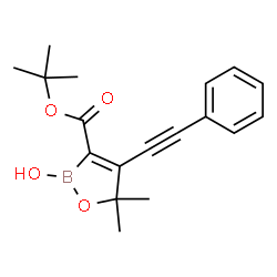 ChemSpider 2D Image | 2-Methyl-2-propanyl 2-hydroxy-5,5-dimethyl-4-(phenylethynyl)-2,5-dihydro-1,2-oxaborole-3-carboxylate | C18H21BO4