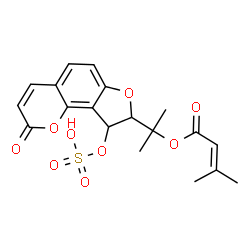 ChemSpider 2D Image | 2-[2-Oxo-9-(sulfooxy)-8,9-dihydro-2H-furo[2,3-h]chromen-8-yl]-2-propanyl 3-methyl-2-butenoate | C19H20O9S