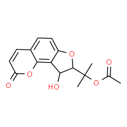 ChemSpider 2D Image | 2-(9-Hydroxy-2-oxo-8,9-dihydro-2H-furo[2,3-h]chromen-8-yl)-2-propanyl acetate | C16H16O6