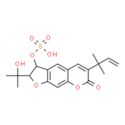 ChemSpider 2D Image | 2-(2-Hydroxy-2-propanyl)-6-(2-methyl-3-buten-2-yl)-7-oxo-2,3-dihydro-7H-furo[3,2-g]chromen-3-yl hydrogen sulfate | C19H22O8S