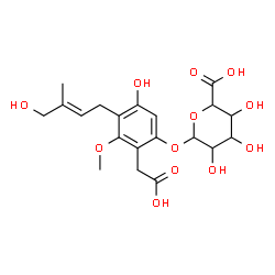 ChemSpider 2D Image | 2-(Carboxymethyl)-5-hydroxy-4-[(2E)-4-hydroxy-3-methyl-2-buten-1-yl]-3-methoxyphenyl hexopyranosiduronic acid | C20H26O12