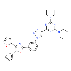 ChemSpider 2D Image | 6-(1-{3-[4,5-Di(2-furyl)-1,3-oxazol-2-yl]phenyl}-1H-1,2,3-triazol-4-yl)-N,N,N',N'-tetraethyl-1,3,5-triazine-2,4-diamine | C30H31N9O3