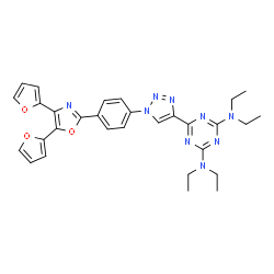 ChemSpider 2D Image | 6-(1-{4-[4,5-Di(2-furyl)-1,3-oxazol-2-yl]phenyl}-1H-1,2,3-triazol-4-yl)-N,N,N',N'-tetraethyl-1,3,5-triazine-2,4-diamine | C30H31N9O3
