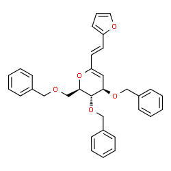 ChemSpider 2D Image | 1,5-Anhydro-3,4,6-tri-O-benzyl-2-deoxy-1-[(E)-2-(2-furyl)vinyl]-D-arabino-hex-1-enitol | C33H32O5