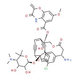 ChemSpider 2D Image | (1R,7S,12R,20R)-7-Amino-4-chloro-20-{[(2S,5S)-5-(dimethylamino)-3,4-dihydroxy-6,6-dimethyltetrahydro-2H-pyran-2-yl]oxy}-25-hydroxy-9-oxo-2,10-dioxatetracyclo[11.7.3.2~3,6~.0~16,20~]pentacosa-3,5,13(23
),16,18,24-hexaene-14,21-diyn-12-yl 7-methoxy-2-methylene-3-oxo-3,4-dihydro-2H-1,4-benzoxazine-5-carboxylate (non-preferred name) | C43H42ClN3O13
