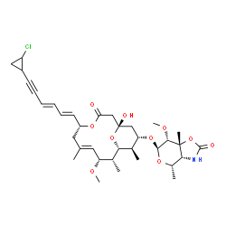 ChemSpider 2D Image | (3aR,4S,6R,7R,7aR)-6-({(1S,5R,7E,9R,10R,11R,12R,13S)-5-[(1E,3E)-6-(2-Chlorocyclopropyl)-1,3-hexadien-5-yn-1-yl]-1-hydroxy-9-methoxy-7,10,12-trimethyl-3-oxo-4,15-dioxabicyclo[9.3.1]pentadec-7-en-13-yl}
oxy)-7-methoxy-4,7a-dimethyltetrahydro-4H-pyrano[3,4-d][1,3]oxazol-2(3H)-one | C35H48ClNO10